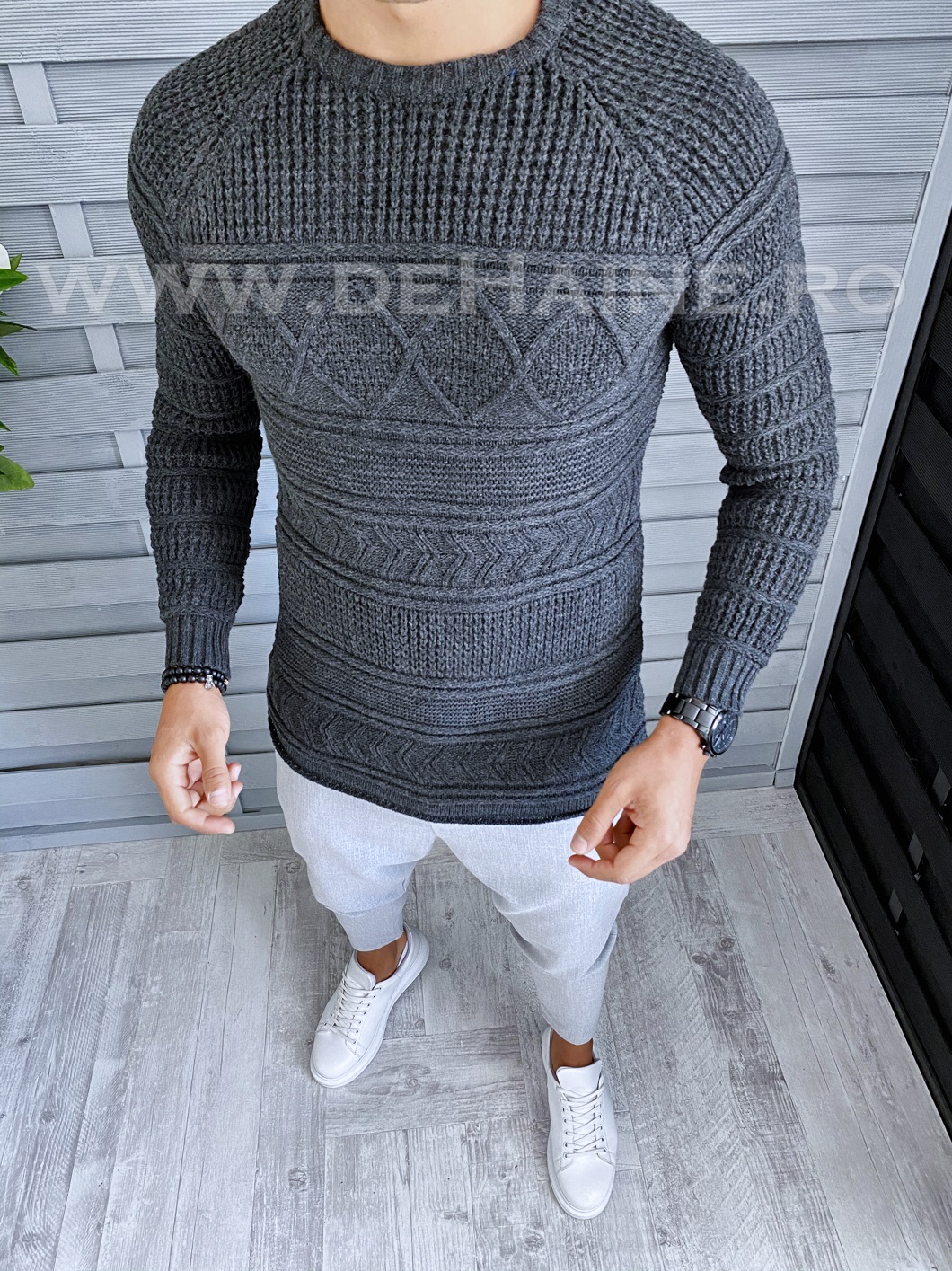 Pulover barbati gros slim fit gri inchis t3614 i4-5